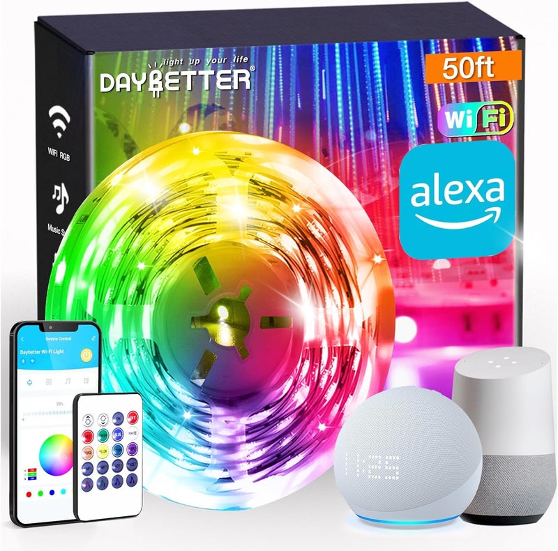 DAYBETTER Smart WiFi Led Strip Lights App Controlled Compatible with Alexa and Google Assistant Timer Schedule RGB Strip Color Changing Décor for Bedroom Party Kitchen 50ft - Image 1